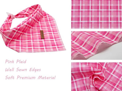 Lionheart Pink Plaid Dog Bandana - Washable Soft Dog Scarf, Square, Adjustable Bandana for Small Dogs