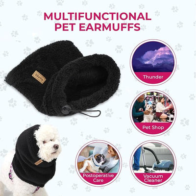 Dog Ear Muffs Noise Protection - Soft Calming Hood for Anxiety Relief, Fireworks, Thunder, Grooming & Vet Visits - Elastic Band & Comfortable Neck Warmer for Travel (Black, Large)