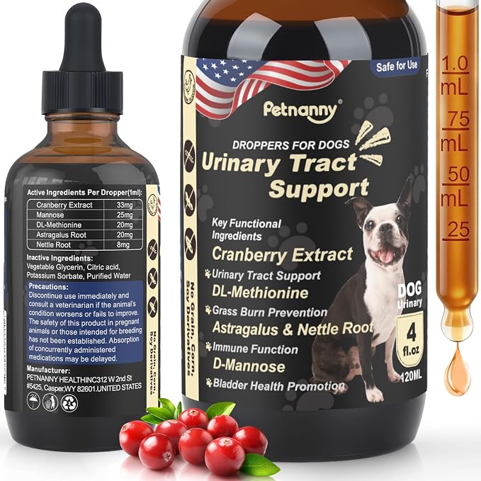 Petnanny Cat & Dog Urinary Tract Support Drops, Cranberry Supplement & Crananidin for Dogs, Dog Bladder Supplement for Incontinence, pH Balance, Lawn Burn Prevention and Immune Support, 4oz