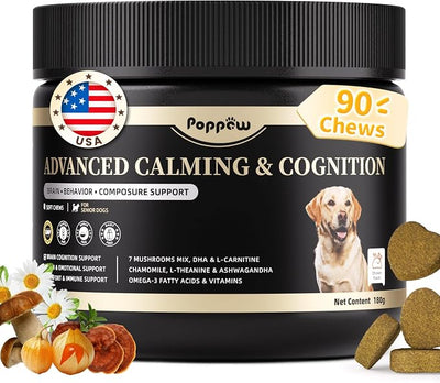 Advanced Calming Chews for Dogs-Brain & Composure Support with 7 Mushrooms, Ashwagandha, Omega-3 DHA & EPA, All Breeds & Sizes, Chicken Flavor, 90Ct