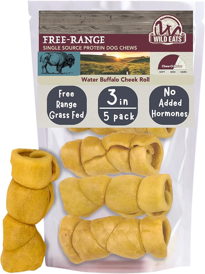 Wild Eats Water Buffalo 3" No-Hide Cheek Roll Dog Chews - 5 Pack (Long Lasting Chews, Treats, Rawhide Free for Aggressive Chewers & Medium Dogs) Pig Ears Alternative, Low Fat, High Protein