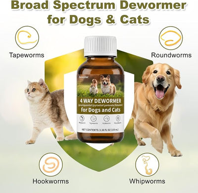 4-Way Dog and Cat Dewormer Liquid (Praziquantel/Pyrantel Pamoate/Febantel), Broad Spectrum Dewormer for Small Dogs and Cats, 2–25 lb