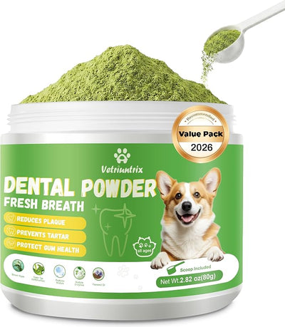 Dog Dental Powder, Dental Powder for Dogs Teeth Cleaning and Breath Fresh, Dog Dental Care with Natural Enzymes, Probiotics, Tartar Remover and Plaque Off - 80g