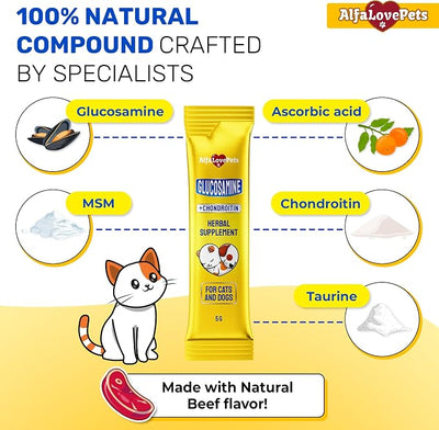 Glucosamine for Cats with Chondroitin, MSM & Taurine – Lickable Cat Joint Supplement Supports Hip Mobility & Ligament Strength – Helps Maintain Flexibility – Natural Beef Flavor – 10 Sticks in Pack