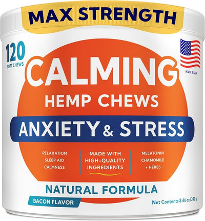 Advanced Calming Chews for Dogs - Hemp Treat + Melatonin + Valerian - Relaxing Bites - Calming Care - Anti-Anxiety & Stress Relief - Made in USA - Calm, Sleep Aid, Storms - 120Ct