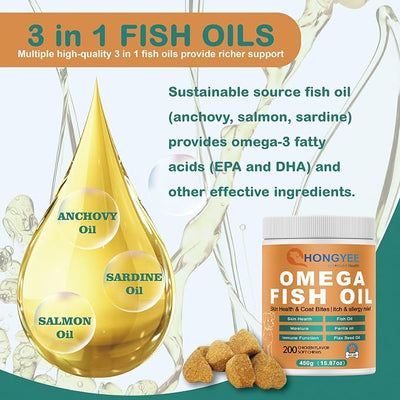 Omega 3 Fish Oil for Dogs, 200 Soft Chews (450g) - Skin and Coat Supplement - Itch & Allergy Relief, Shedding Control & Hot Spots Support - with EPA & DHA, Natural Chicken Flavor