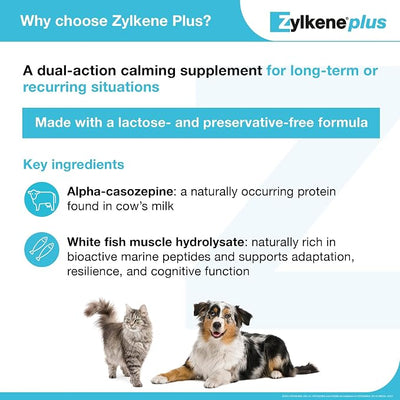 Vetoquinol Zylkene Plus Long-Term Calming Supplement with Alpha-Casozepine and White Fish Muscle Hydrolysate for Cats and Medium Dogs 22-65 lbs, Daily Behavioral Support for Dogs, 225 mg