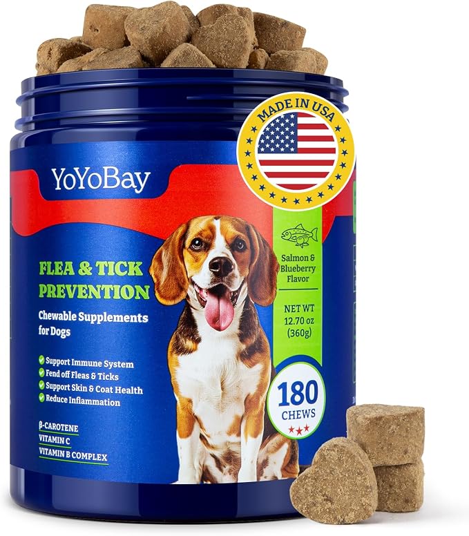 Flea and Tick Prevention for Dogs Chewable - 180 Soft Chews, Salmon & Blueberry Flavor - Dog Flea and Tick Treatment Chewable, Natural Defense- Dog Immune Support Supplement