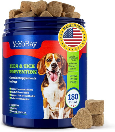Flea and Tick Prevention for Dogs Chewable - 180 Soft Chews, Salmon & Blueberry Flavor - Dog Flea and Tick Treatment Chewable, Natural Defense- Dog Immune Support Supplement