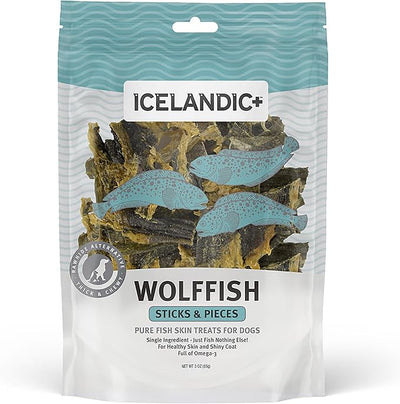 Icelandic+ Stick Chew Pieces: Wolffish - 3oz Bag, Pure Fish Skin Dog Treats, Wild-Caught & Air-Dried, Single Ingredient Pet Snacks, Just The Fish