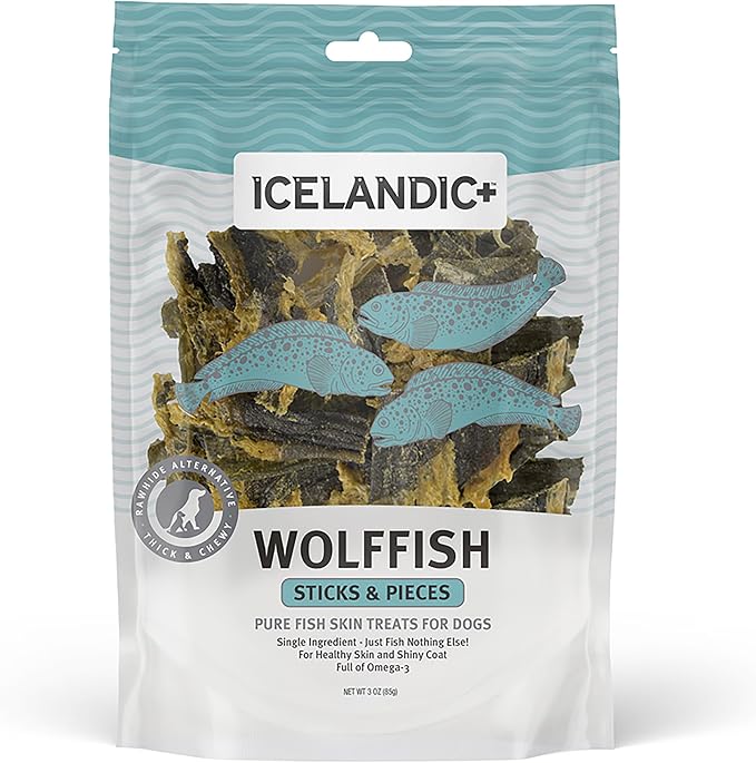 Icelandic+ Stick Chew Pieces: Wolffish - 3oz Bag, Pure Fish Skin Dog Treats, Wild-Caught & Air-Dried, Single Ingredient Pet Snacks, Just The Fish