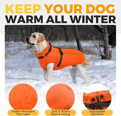 Lelepet Dog Winter Coat Waterproof Dog Jacket with Harness Built in Windproof Reflective Cold Weather Coats for Small Medium Large Dogs, Thermal Fleece Lined Coats for Walking Camping, Orange, XS