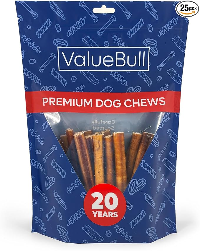 ValueBull Bully Sticks for Dogs, Medium 6 Inch, 25 Count - All Natural, Grass Fed, Single Ingredient, Long Lasting Dog Treats