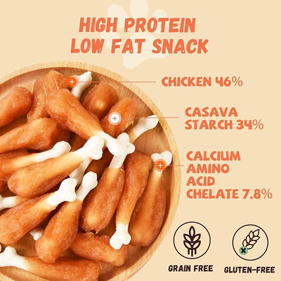 Pawmate Dog Treats Chicken Wrapped Calcium Bone, Rawhide-Free Grain-Free Training Treats for Dogs Teeth Cleanning Breath Fresh Dog Chewy Snacks for Medium Large Dogs 10.6 oz, 18-19 Counts