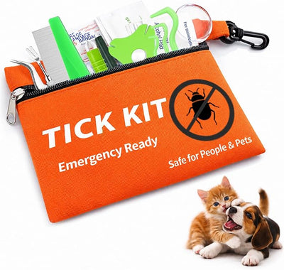 54-in-1 Tick Removal Tool Kit for Dogs, Cats and Humans, Stainless Steel Tweezers, Hooks, Pullers, Comb, Flea Comb and Orange Waterproof Case for Hiking Camping Outdoor