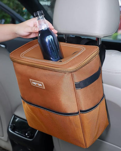 HOTOR 3 Gallons Car Trash Can, Ultra Large Capacity Organizer and Storage with Adjustable Straps & Magnetic Snaps, Waterproof Car Accessory for Interior Car Stuff Storage, Brown