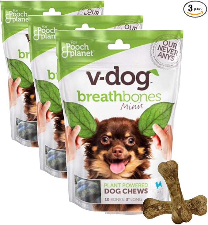 V-dog Dog Treats - Vegan Breathbone Teeth Cleaning Dental Bones - Fresh Breath - 8 Ounces - Minis - All Natural, Made in USA - 10 Bones - 3" Long - Easy to Digest (Pack of 3)