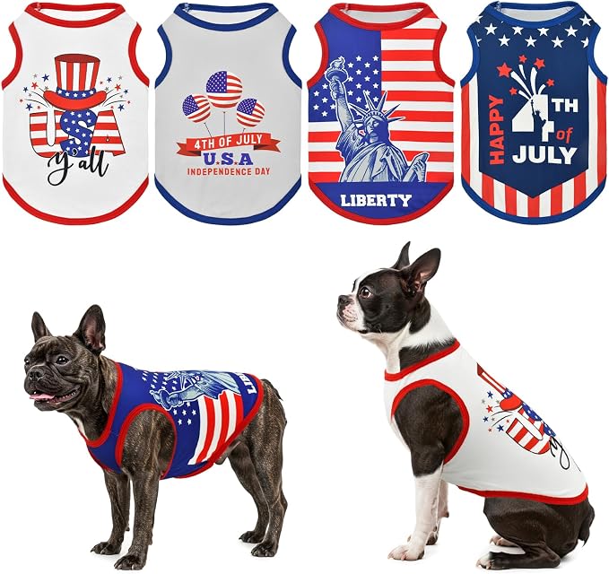 4-Pack Patriotic Dog Tank Tops 4th of July Sleeveless Shirts USA Independence Day Themed Patterns Costume for Small Medium-Sized Dogs