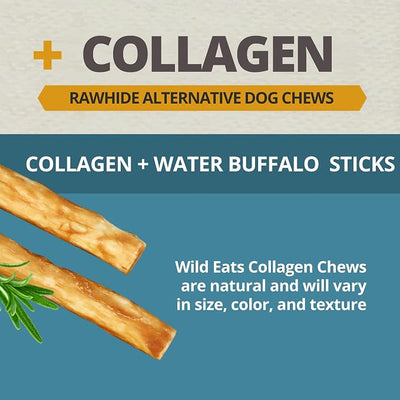 Wild Eats Water Buffalo Collagen Sticks for Dogs (25 Pack, 0.6 cm Wide) Long Lasting Dog Chews, No Hide Dog Treat Bully Stick Alternative, Rawhide Free, Grain Free, High Protein