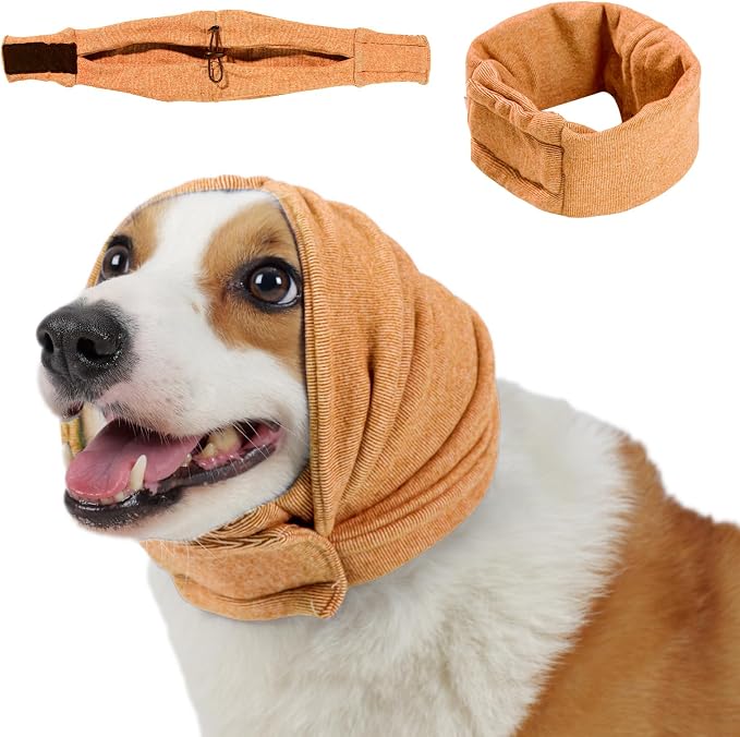 Dog Calming Hoodie, No Shake Ear Wraps for Dogs, Adjustable Dog Ear Muffs for Noise Protection, Ear Wrap Head Cover for Anxiety Relief & Hematoma (Vitality Orange, M(Head Circle:13.8"-18.9"))