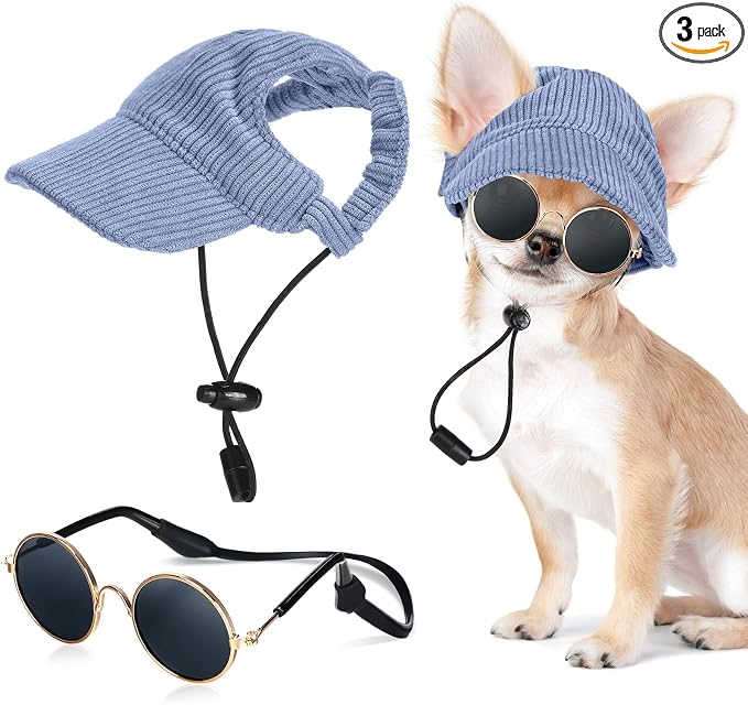 Jadive Medium Dog Sun Hat with Ear Holes, Dog Cat Sunglasses with Anti-Slip Silicone Rope Baseball Cap Adjustable Puppy Sunbonnet Headdress Beach Visor Hat for Puppies Summer Outdoor(Blue)