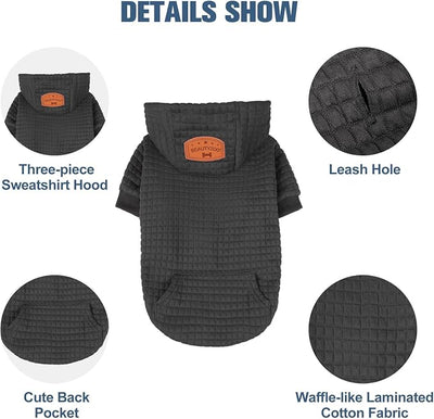 BEAUTYZOO Small Dog Hoodie Sweater with Pockets, Dog Clothes for Small Medium Dogs Boy Girl, Waffle-Like Laminated Cotton Pet Coats with Hat and Leash Hole, Black ML