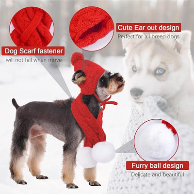 Kuoser Dog Winter Hat & Scarf Set, Knitted Hat Pet Christmas Winter Warm Caps Cute Accessories Neck Ear Warmer Hood Warm Scarf Party Decoration for Cat and Dog Red