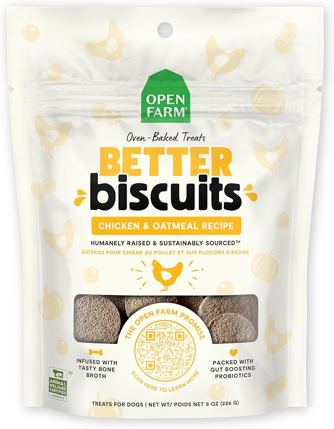 Open Farm Better Biscuits, Oven Baked Dog Treats with Probiotics, Chicken & Oatmeal Recipe, 8oz Pouch