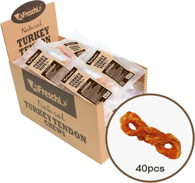 A Freschi srl Turkey Tendons for Dogs, USA-Sourced Human Grade, Rawhide-Free Long-Lasting Puppy Chews, All Natural Hypoallergenic Dog Treats for Small Breeds, Rope (S), 40 Count Box