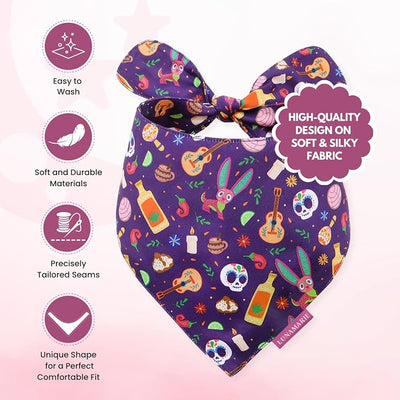 LunaMarie - Luxury Dog Bandanas - Dia De Los Muertos Design | Premium & Silky Poly Fabric | 100% Handmade | Custom Shape Dual Layered Reversible Small, Medium, Large Cat Scarf (Day Of The Dead, Large)