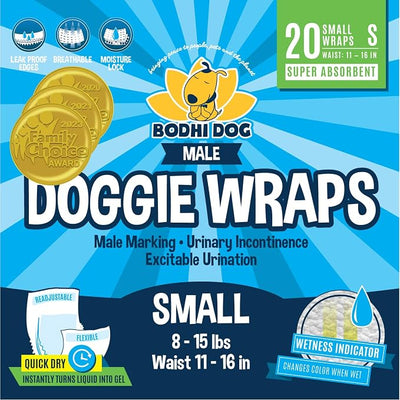 Bodhi Dog Disposable Male Dog Diapers - Super Absorbent, Leak-Proof Pee Wraps - Adjustable Fit, Comfortable Design, Advanced Moisture Control, and Wetness Indicator - Small (20 Count)