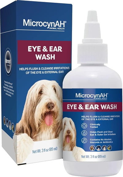 Manna Pro MicrocynAH Ear & Eye Wash for Animals, Gentle Daily Cleansing Solution for Routine Ear & Eye Care, Easy-Use Liquid Formula, 3 oz