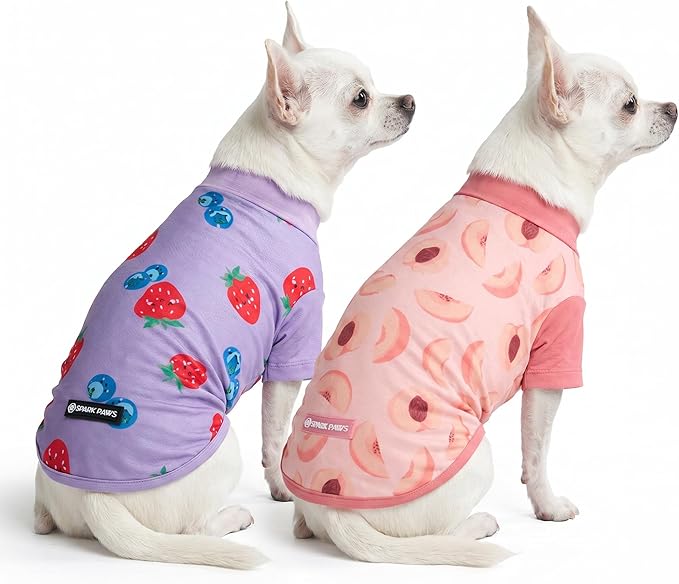 Spark Paws Sunblock Dog T-Shirt, SPF30 Protection, Lightweight Breathable Quick Dry for Dogs with Sensitive Skin - Berries & Peaches (Set of 2) - Size S