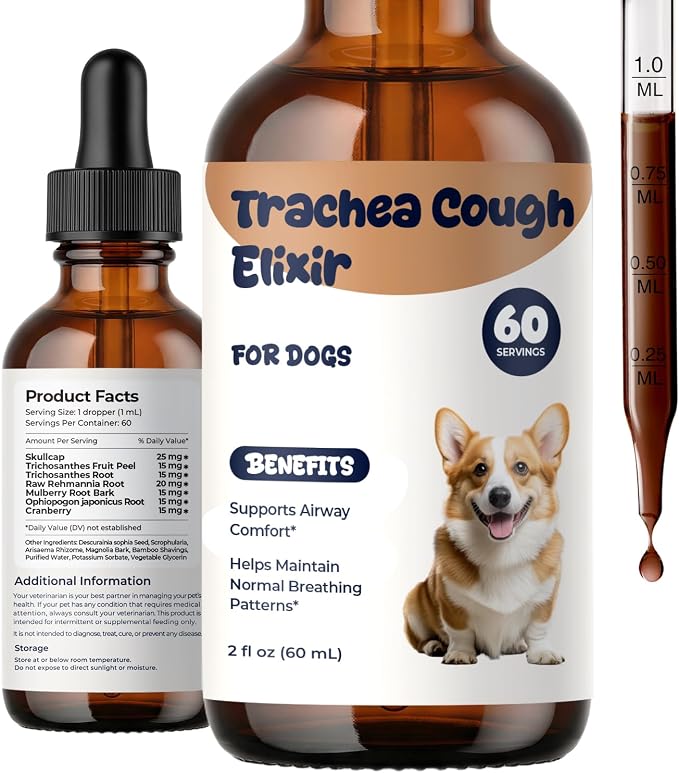 Collapsed Trachea Treatment for Dogs, Dog Cough Treatment, Trachea Cough Elixir, Natural Herbal Drops Help Soothe the Throat, Calm Honking Coughs & Support Easier Breathing, 2 fl oz