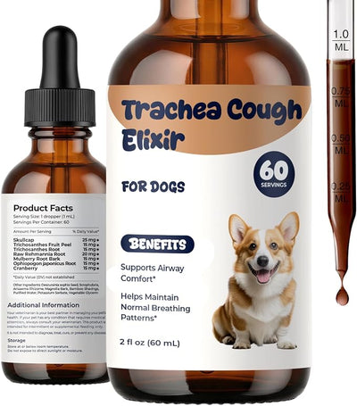 Collapsed Trachea Treatment for Dogs, Dog Cough Treatment, Trachea Cough Elixir, Natural Herbal Drops Help Soothe the Throat, Calm Honking Coughs & Support Easier Breathing, 2 fl oz