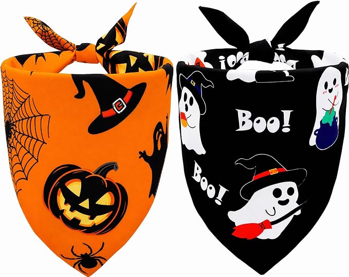 Halloween Dog Bandanas 2PCS Pumpkin Pet Scarf Extra Large Dogs | Halloween dog bandanas with pumpkin & cute ghost patterns.Perfect for holiday parties,photos & fall events.Reversible design.