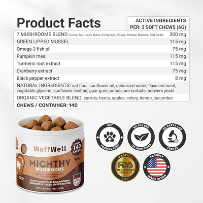 WuffWell Mighty Mushroom Supplement for Dogs - Turkey Tail & Green Lipped Mussel - Senior Dog Wellness, Immune Support, Turmeric - Enhance Vitality & Longevity in Aging Dogs - 7 Mushrooms