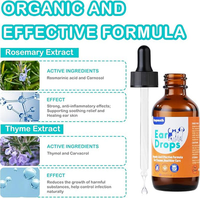 Dog Ear Drops, Dog Ear Cleaner Drops, Ear Infection Treatment for Dogs and Cats, Natural Herbal Ear Cleaning Solution for Dirty,Itchy,Smelly,Inflammed Pet Ears, 2 oz with Dropper