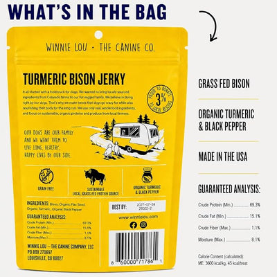 Winnie Lou Turmeric Bison Jerky Dog Treats – Limited Ingredient, Human Grade, Training Treats for Small, Medium & Large Dogs, USA Made, High Protein, Chews, Hypoallergenic, Sensative Stomach (2 Pack)