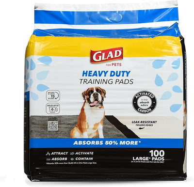 Glad for Pets XL Charcoal Training Pads, Heavy Duty Leak-Resistant Puppy Pee Pads with Activated Carbon Odor Control, Quick-Dry Quilted Top, Indoor Potty & Crate Liner, 24 x 24 in, 100 Count