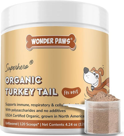 Wonder Paws Organic Turkey Tail Mushroom for Dogs – Powerful Turkey Tail for Dogs Mushroom Powder for Immunity, Respiratory, Digestion & Cellular Health–with Beta Glucans & Polysaccharides (120 g)