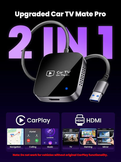 2-in-1 Wireless CarPlay Adapter & Car TV Mate Pro [Autolink Pro 2026, Metal & Glass Case] Convert Wired to Wireless Car Play with HDMI Input, Screen Mirroring & Streaming, Fit for 2016+ Cars -Black
