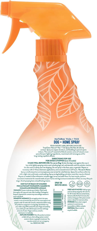 TropiClean Natural Maximum Strength Flea and Tick Spray for Dogs, 16oz
