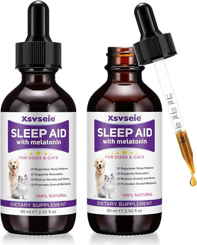 Liquid Melatonin for Dogs & Cats, 60ml Dog Melatonin Calming Drops with L-Theanine, Cat Calming Dog Sleep Aid Support Anxiety Relief for Travel, Separation, Barking, Fireworks (60ml (Pack of 2)