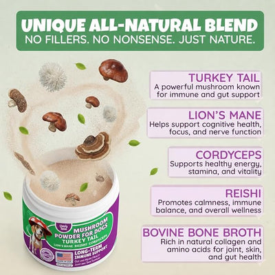 All-Natural Mushroom Powder for Dogs for Immunity, Cognition, Longevity, Bumps, and Lumps Support, Turkey Tail Mushroom for Dogs with Lion’s Mane, Reishi & Cordyceps, 4.25 oz Jar