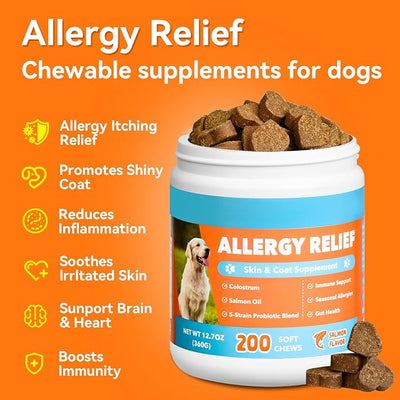 Dog Allergy Chews Allergy Relief 400ct- Probiotics for Dogs with 5 Digestive Enzymes, Colostrum for Itching Hot Spots Ears Paw Licking, Skin & Coat Relief Supplement for Allergies lmmune Support
