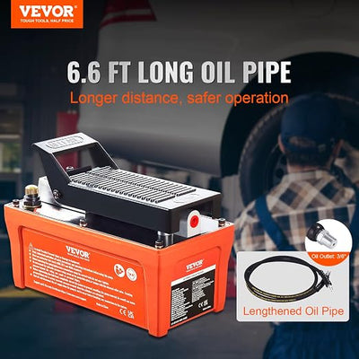 VEVOR Air Hydraulic Pump, 10,000 PSI 1/2 Gal Reservoir, NPT 3/8" Oil Outlet, NPT 1/4" Inlet, 6.6 ft Pipe, Foot Actuated Hydraulic Pump Air Treadle for Auto Body Frame Machines and Pulling Post, Orange