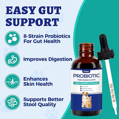 Wellix Liquid Probiotic for Cats & Dogs, 120ml 8-Strain Probiotics for Dog Digestive Health, Cat Digestive Support, Dry Skin Relief, Stool Formation for Cats & Dogs of All Ages