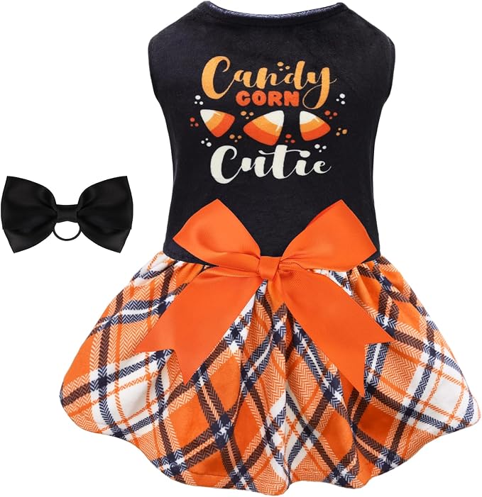 CuteBone Halloween Dog Dresses Velvet Holiday Small Dogs Clothes Onesie Pet Apparel Girl Puppy Skirt with Bow Hair Rope