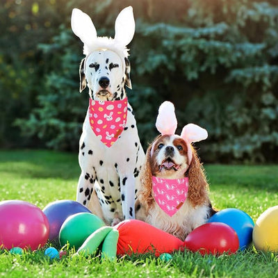 PTDECOR Easter Dog Bandana, Pink Rabbit Reversible Holiday Dog Scarf, Multi Size, Triangle Pet Easter Bandanas for Medium Large Dogs Pets (Large)